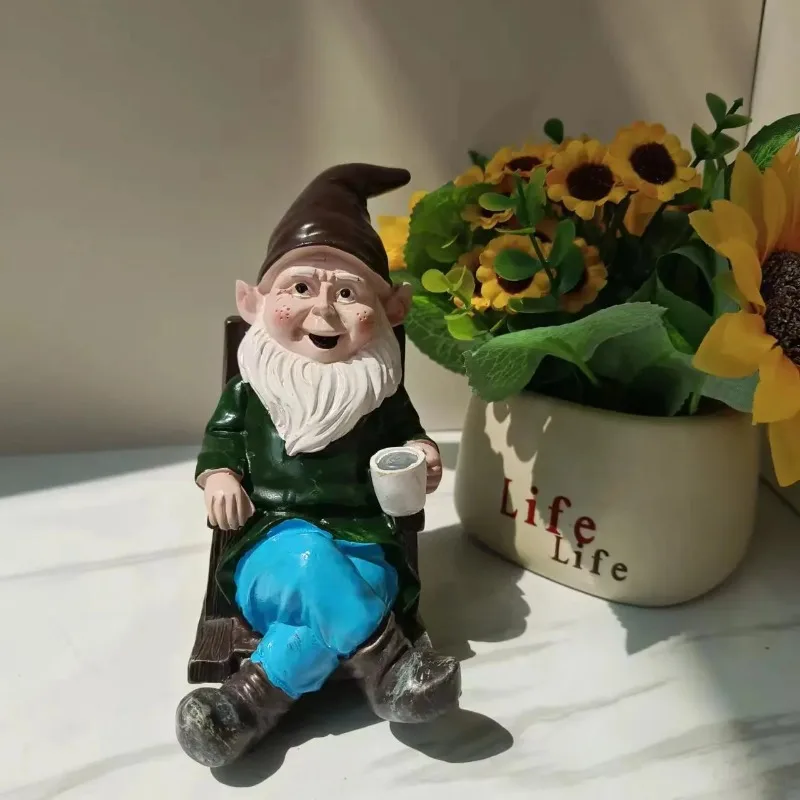 

1pcs Drink Coffee Gnome Dwarf Rocking Chair Ornament Resin Outdoor Garden Decoration Gardening Living Room Study Desk Decoration