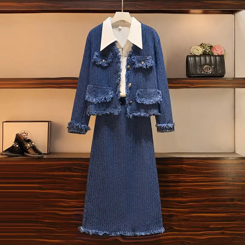 Fashion Women\'s Set Autumn and Winter New Korean Version Small Fragrant Short Coat Casual Dress Three Piece Set