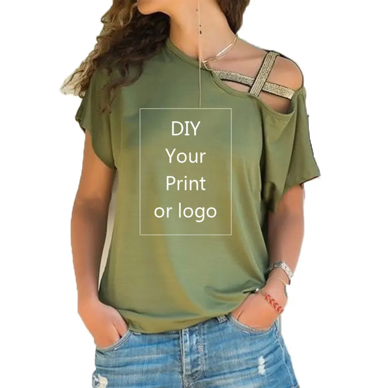 New DIY Your like Photo or Logo Customized Print T Shirt for Women Tee T-shirt Femme Irregular Skew Cross Bandage Size S-5XL Top