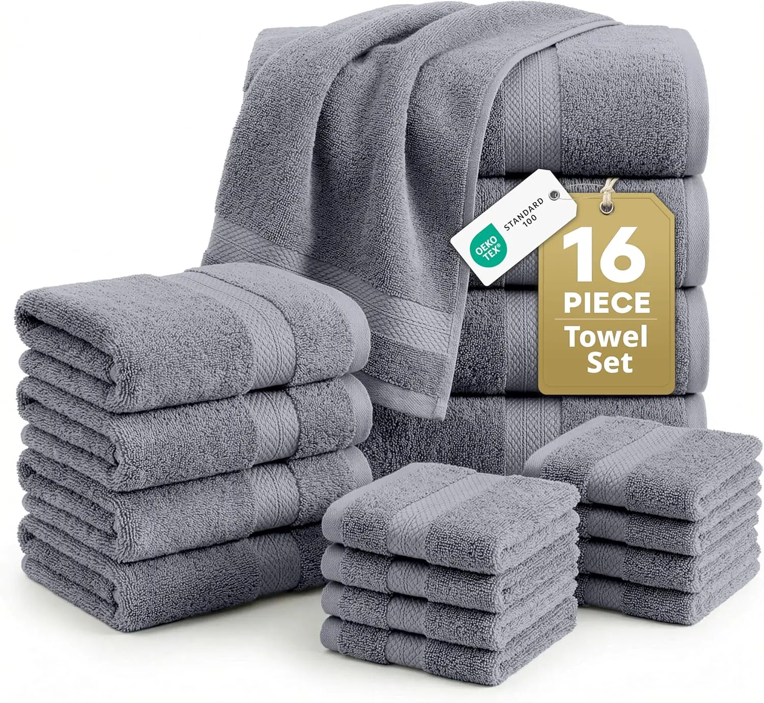 

16 Piece Cotton Towel Set - Soft, Absorbent & Quick Dry - 4 Bath, 8 Washcloths, 4 Hand Towels - Machine Washable, Durable - Cool Grey