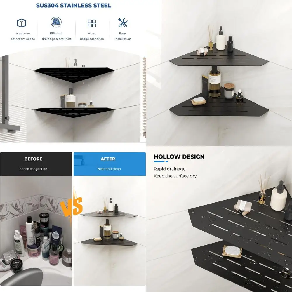 

10 Recessed Corner Shower Shelf, Matte Black, 304 Stainless Steel, No Drilling, Tiled Wall Mount, Shower Storage Caddy