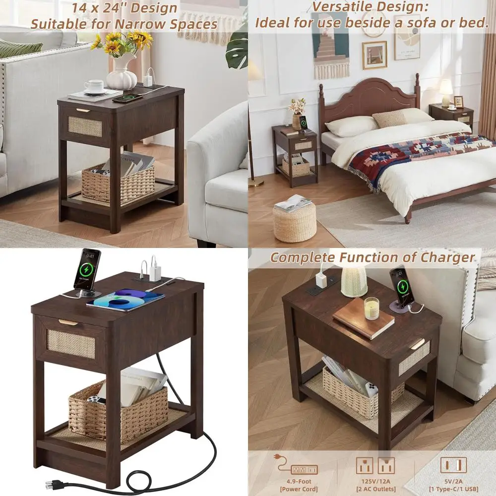 

Компактная прикроватная тумбочка для зарядной станции, богемная тумбочка с ящиком, приставной столик из ротанговой полки для небольших помещений, деревянные прикроватные тумбочки