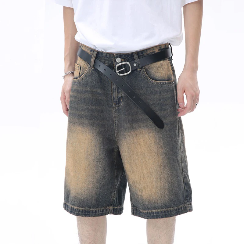 Men Designer Brand Casual Shorts Male Baggy Streetwear Knee Lenght Denim Short Pants Summer Fashion Daily Wide Leg Short Jeans