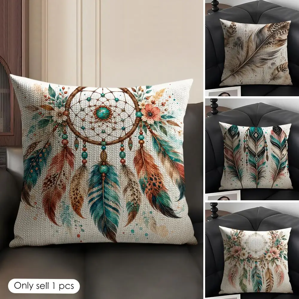 Feather Colorful Bird Feathers Boho Cushion Cover Skin-Friendly Organic Linen Pillow Cover Durable Hypoallergenic Washable Soft