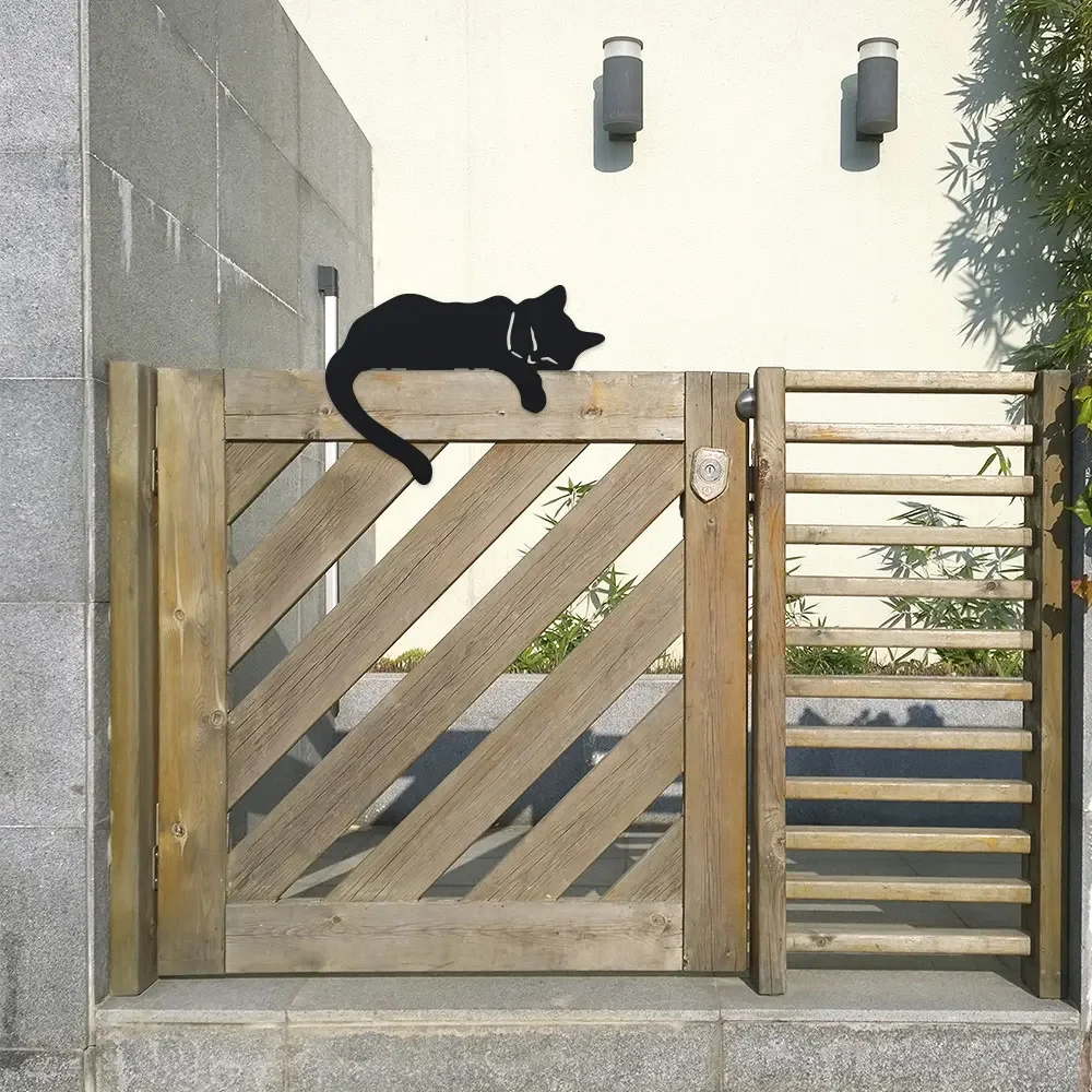 1pc Rustic Black Metal Cat Silhouette Fence Topper - Sleeping Cat Garden Art for Outdoor Decor - Durable Iron Animal Sculpture
