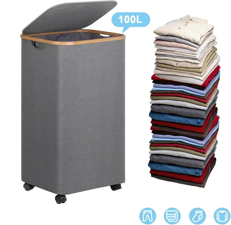 

Корзина для белья на колесиках с крышкой, 100 л, большая, серая, с бамбуковыми ручками