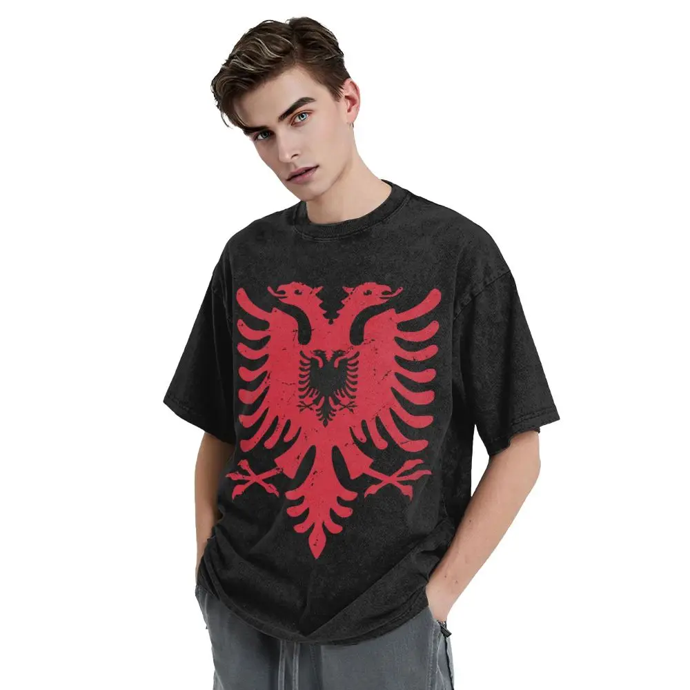 Albanische Flagge Albanien Gewaschen T Shirts Street Hip Hop Vintage T-Shirts T Shirt Männer Frauen 100% Baumwolle Harajuku Sommer – Detail 3