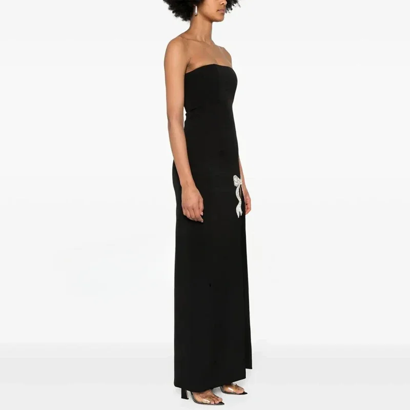 Yipeisha Simple Blacke Strapless Long Evening Dresses Sleeveless Sexy Side Middle-Split With Bow Ankle Length Prom Gowns