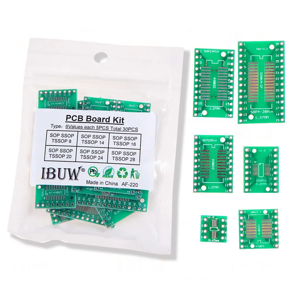 30 peças kit de placa pcb sop24 sop8 sop14 sop16 sop20 sop28 smd virar para dip adaptador conversor placa sop 8 14 16 20 24 28