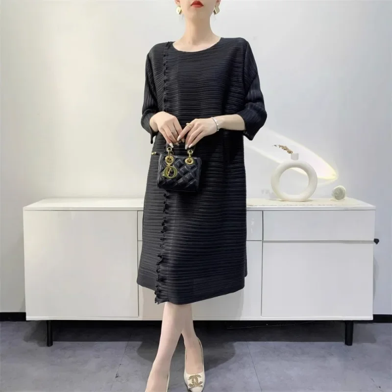 Miyake 2025 Summer Organ Pleated Seven-quarter Sleeve Dress Mid-length Dress Temperament Elegant Loose Plus Size Dresses