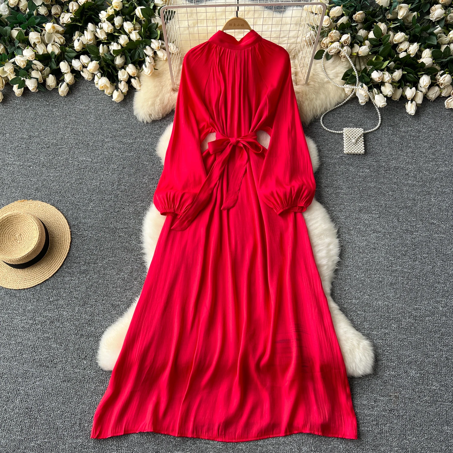 French Vintage Pleated lool sleeve print Lace-up Bow sweet Dress Casual Women Fashion summer dresses