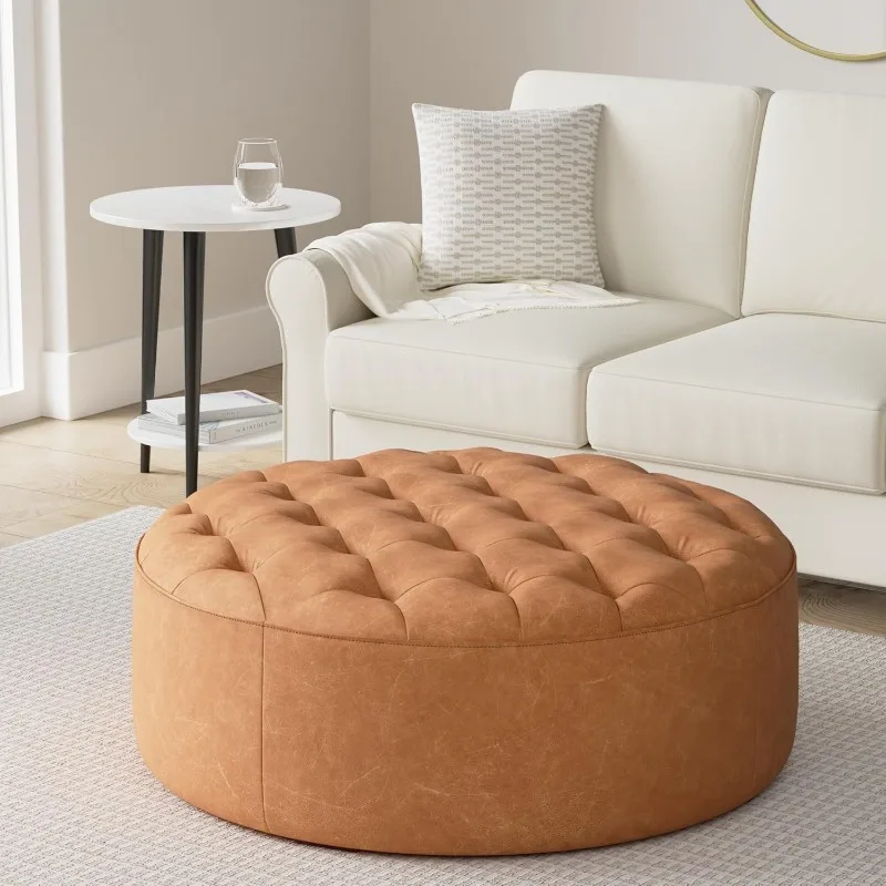 Ascot Ottoman in Full-Grain Pure-Aniline Italian Tanned Leather in Cognac Tan