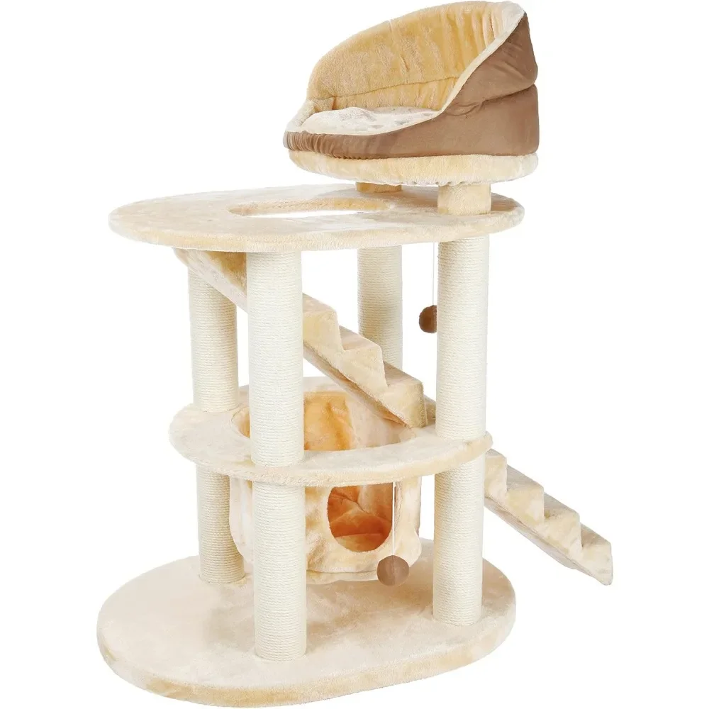 

Senior Cat Tower with Scratching Posts, Hammock, Stairs, and Top Platform Bed with Dangling Pom-Pom in Beige