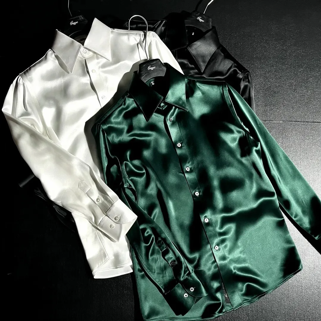 

Summer 2025 Men's Loose Fit Long Sve Acetate Silk irt Cool Sensation Thin Outerwear Simple Design Faionable Urban Sle