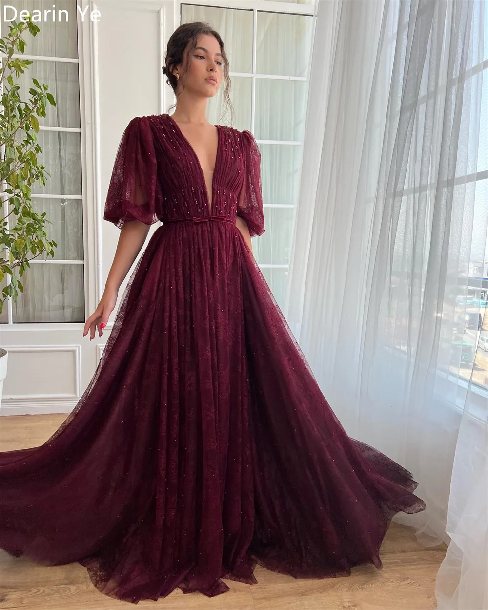 Customized Saudi Arabia Dearin V-neck Ball Floor Length Skirts Layered Draped Tulle Bead Bespoke Occasion Dresses Prom Dress Eve