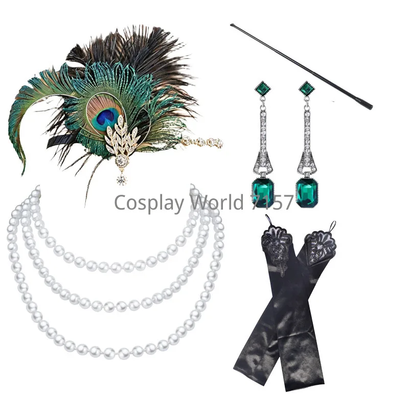 1920s Flapper Dress Accessories Retro Party Props GATSBY CHARLESTON Headband Pearl Necklace White Feather Band for Party