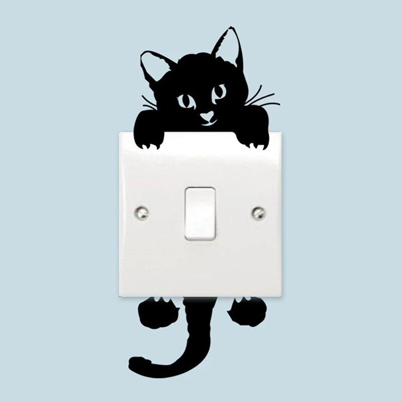 1pc Black Lovely Cat Light Switch Phone Wall Stickers For DIY Home Decoration Cartoon Animals Wall Decals PVC Mural Art