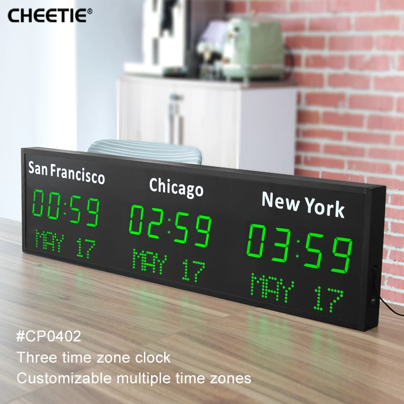 CHEETIE CP035 LED Different City Names 3 Time Zones Digital Wall World Time Zone Clock, Each Zone with Date