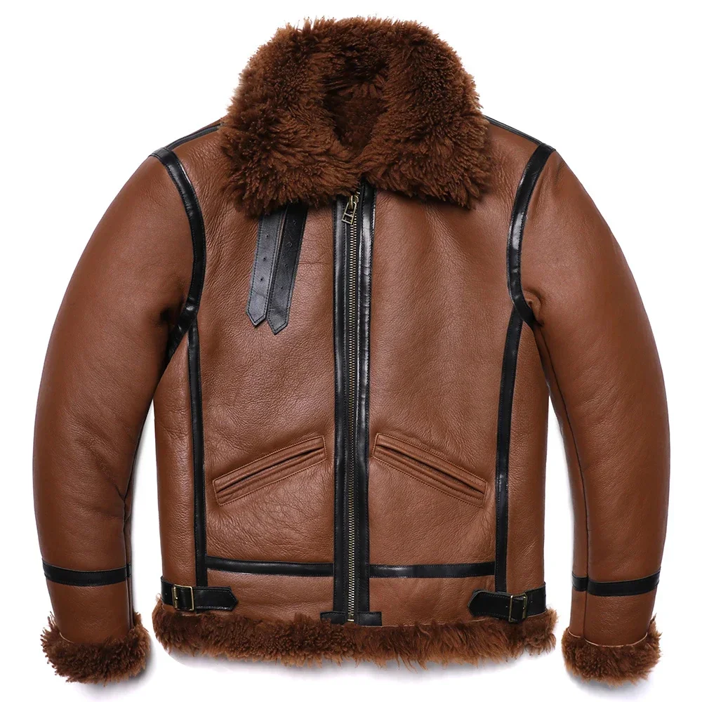 New Brown Thick Sheep Shearling Wool Leather Jacket Original Ecological Fur Genuine Sheepskin Male Warm Coats Flight Jackets