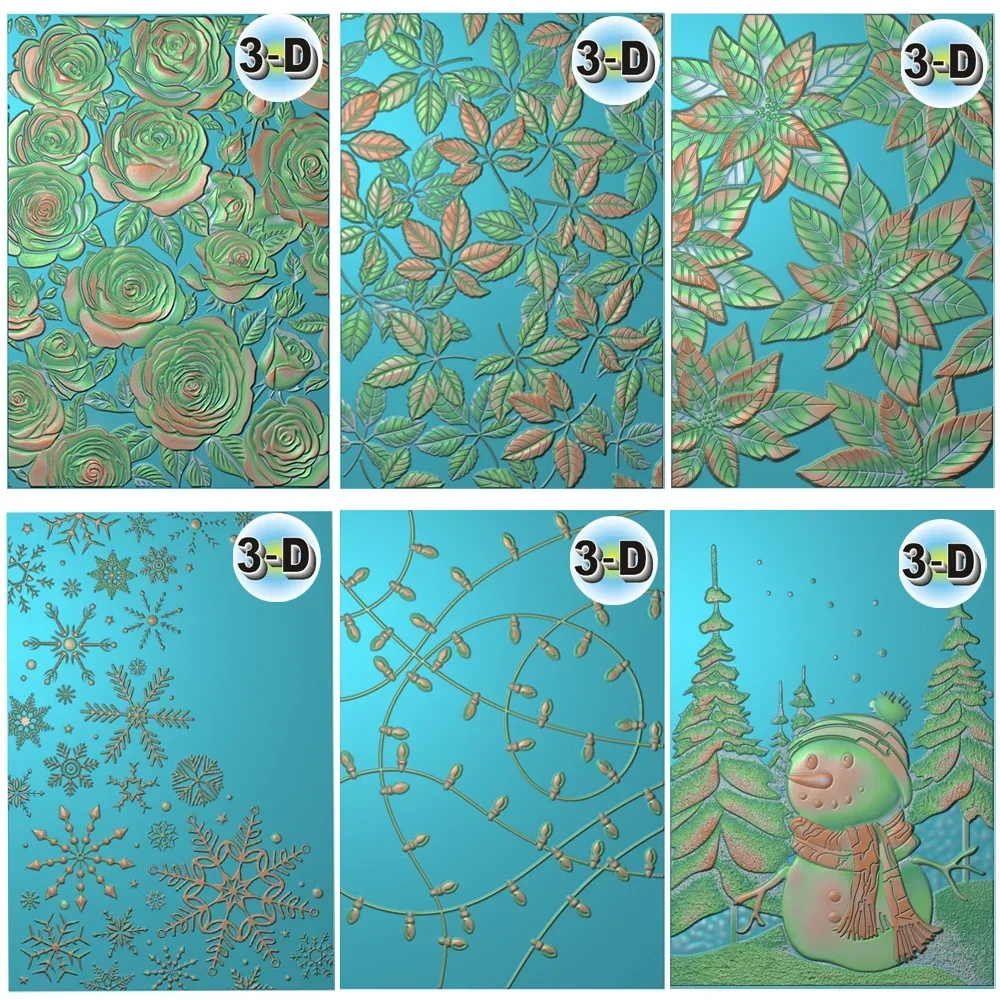 Carpeta de grabado 3D con patrón de flores y copos de nieve de Navidad con hojas dibujadas para agregar detalles texturizados al tarjeta de elaboración de papel