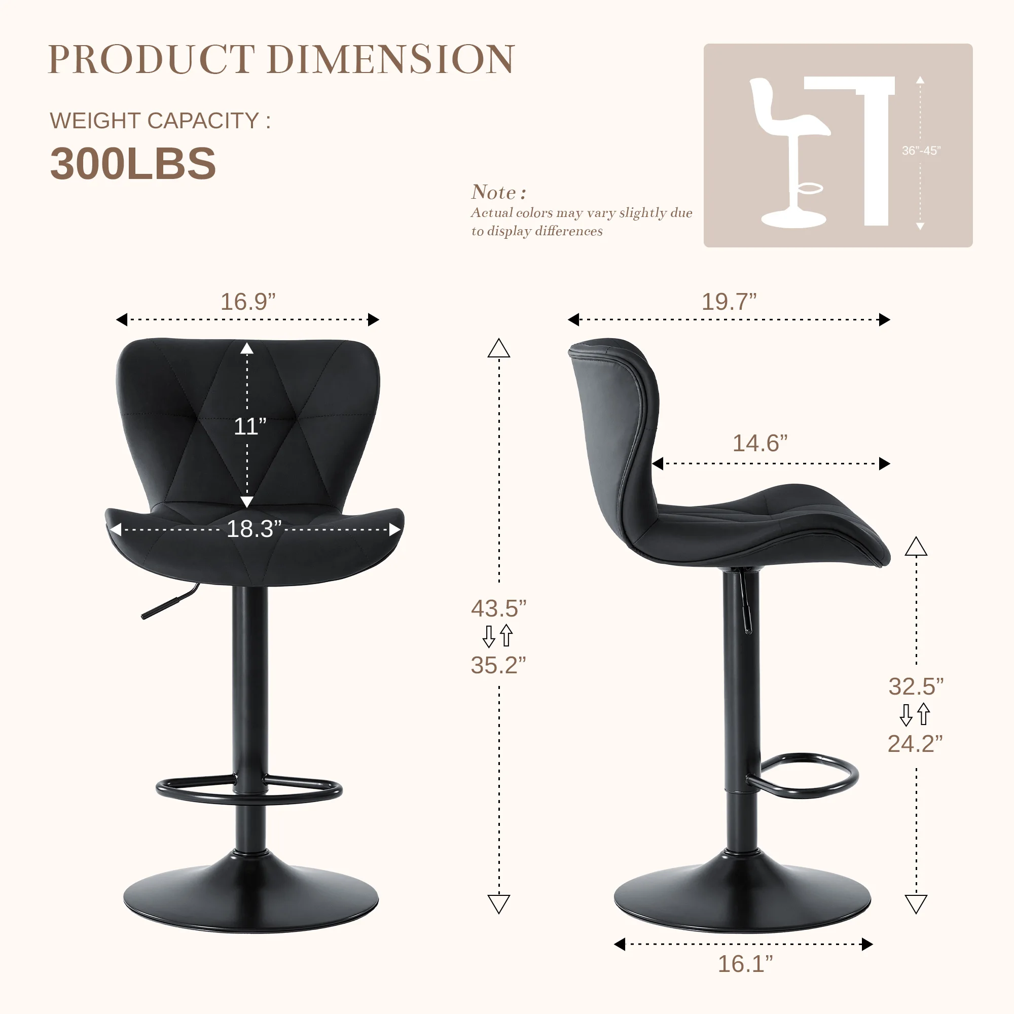 MCQ Counter Height Bar Stool Set of 2 PU Leather Adjustable 360 Swivel Modern Barstool Upholstered Armless Bar Chair Metal Base for Kitchen Island Dining Living Room