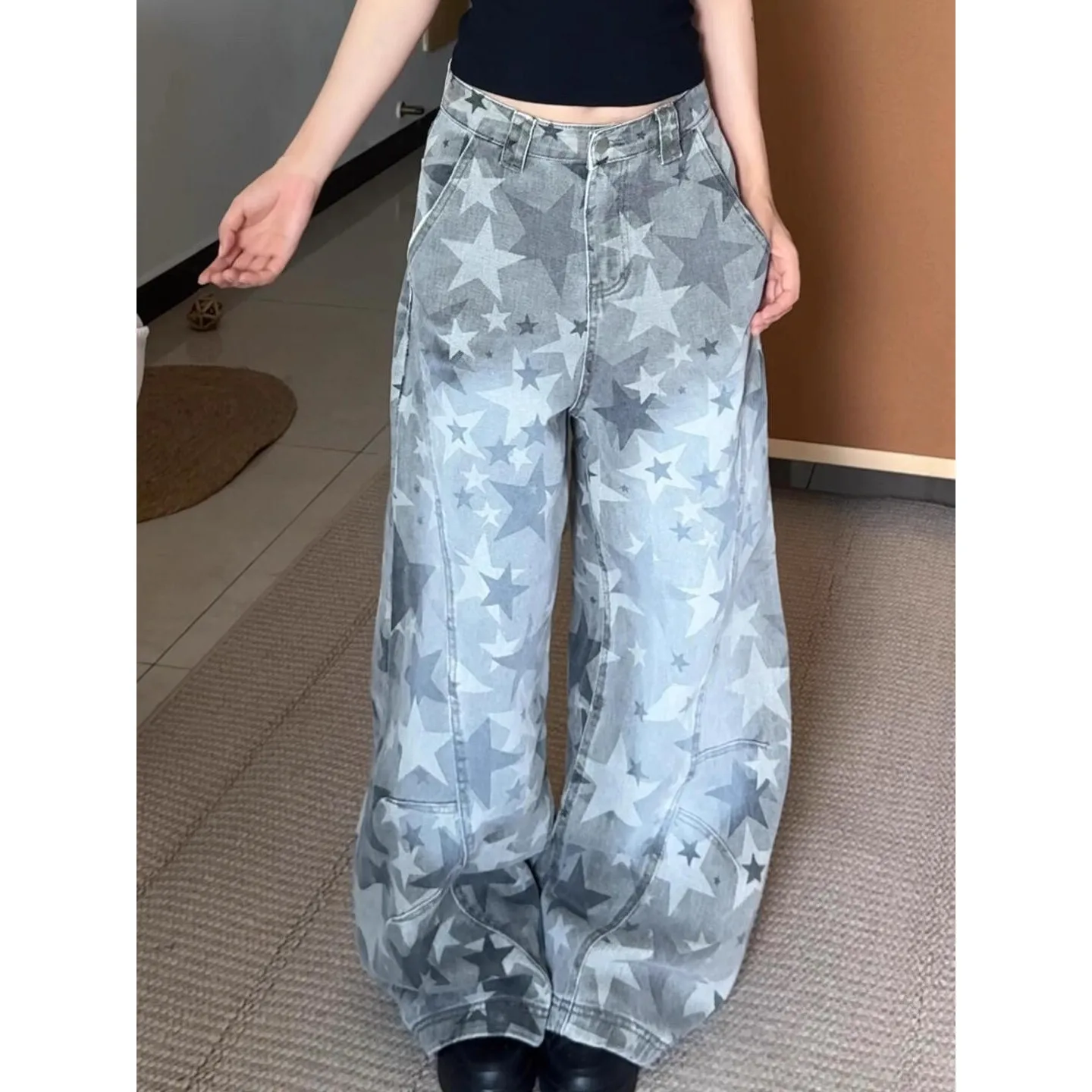 

American Retro Jeans Five-point Star Splicing Loose Wide-leg Jeans Women Look Thin Trendy All-match Mopping Pants Women