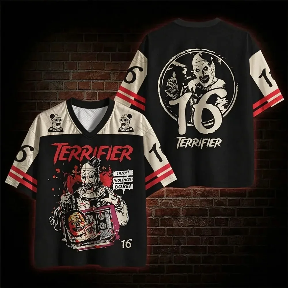 Terrifier Art The Clown Hockey Jersey Unisex Horror Movie Short Sleeve V-Neck Streetwear Halloween Top