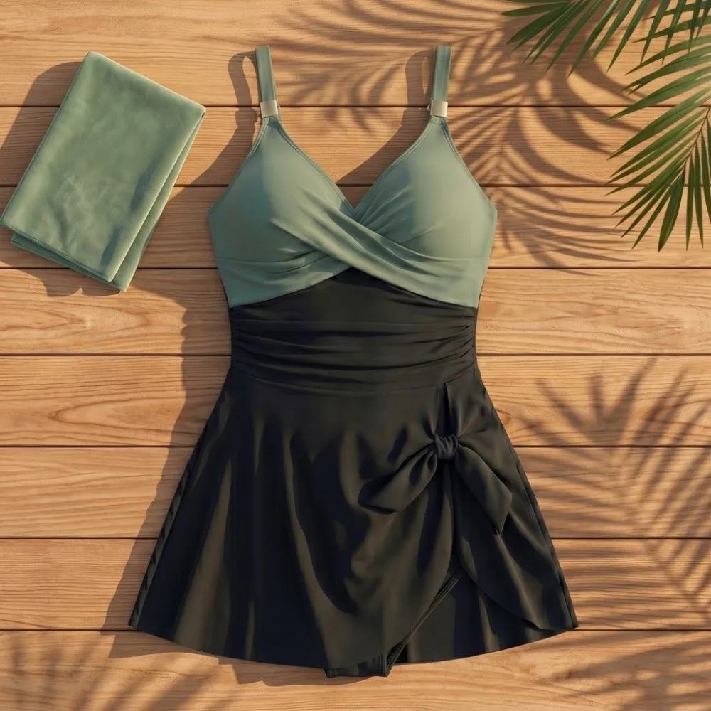 

Beach Suit Slim Fit Women's Swimming Suit Pleated V-Neck Summer Swimwear Sleeveless Beachwear Clothing Bathing Suit Vacation