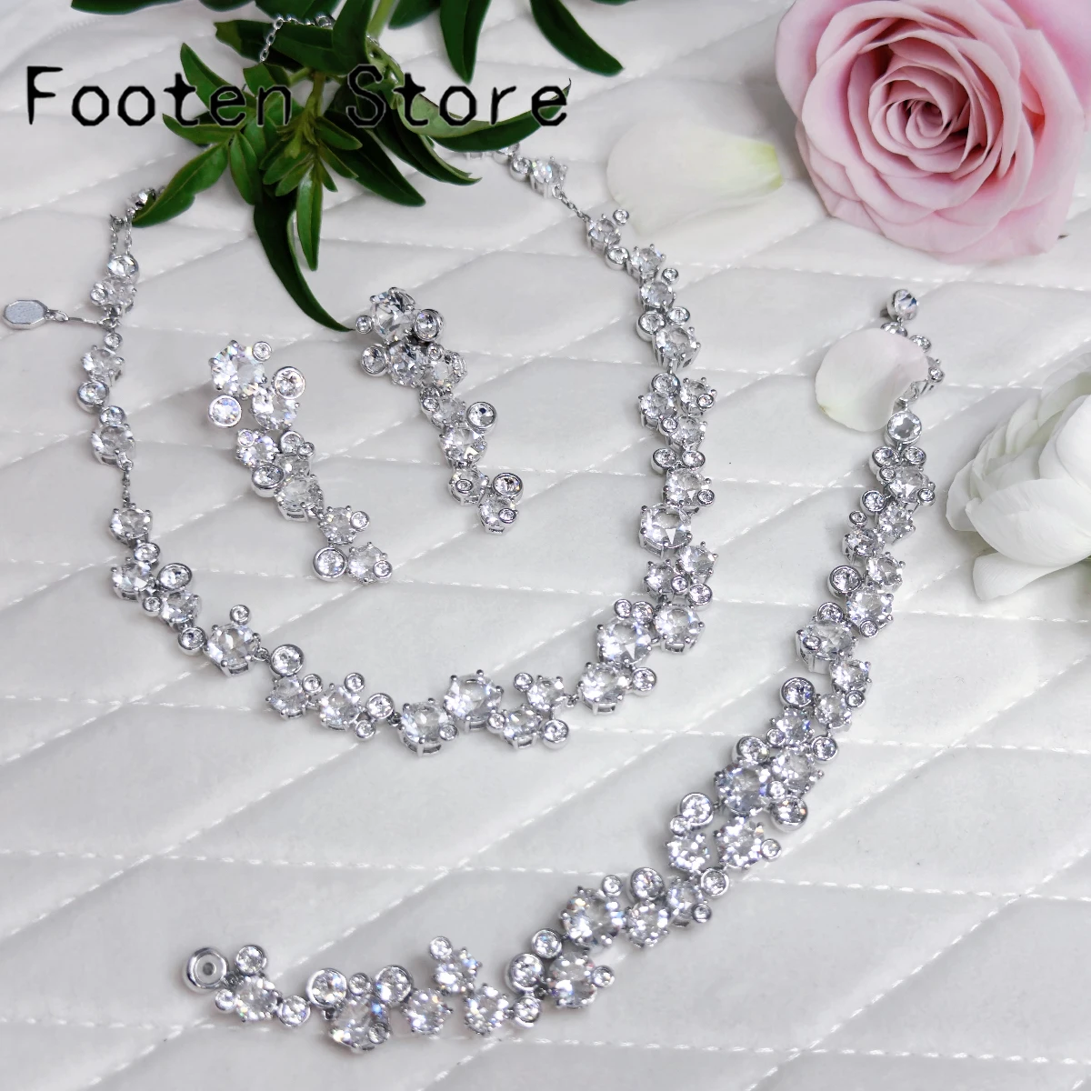 

High Quality 2025 New White Crystal Wedding Jewelry Set Charm Pink Green Water Droplet Fashion Women's Necklace Bracelet Earring