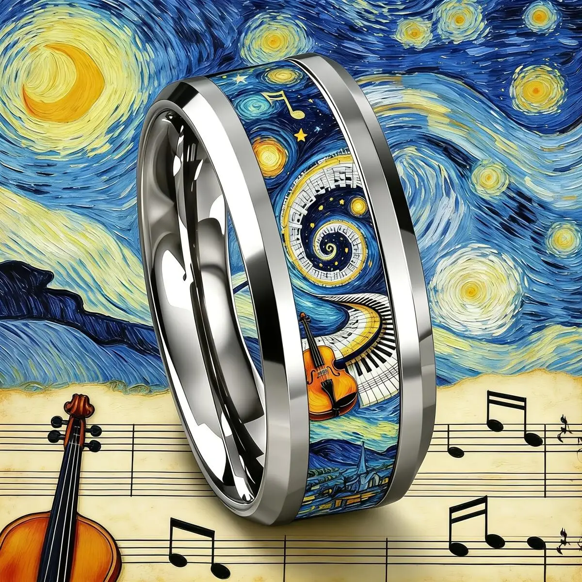Men Stainless Steel Ring Music Note Violin Pattern Inlay Titanium Steel Wedding Band Art Music Pattern Jewelry for Music Lovers