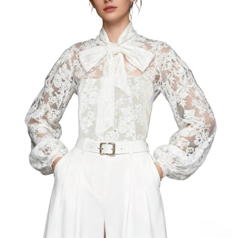HKSH Women Elegant Trend Two-piece Set Lace Tie Bow Collar Long Sleeves Top Pleated Wide Leg Split Pants New Spring 2026 HK19547