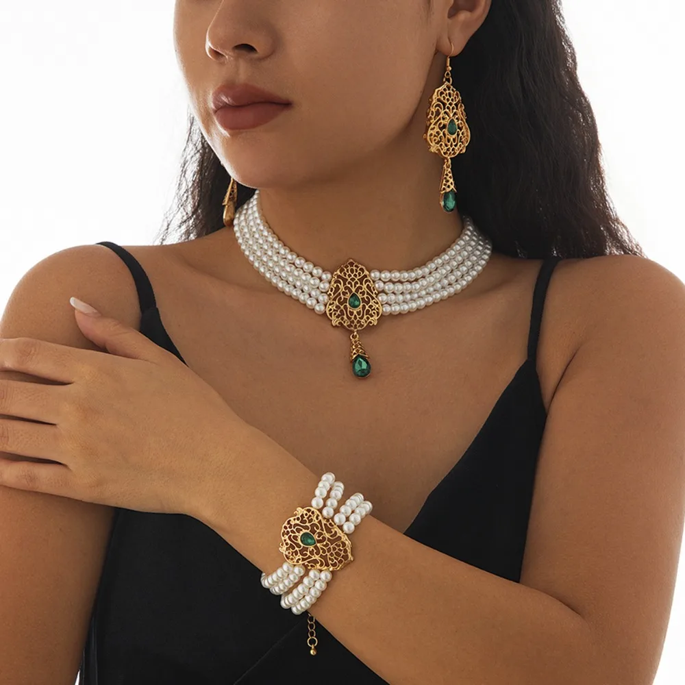 

Baroque Style Bridal Tassel Drop Earrings Multilayer Shiny Pearl Beaded Bracelet Sparkling Elegant Necklace Earring Set Party