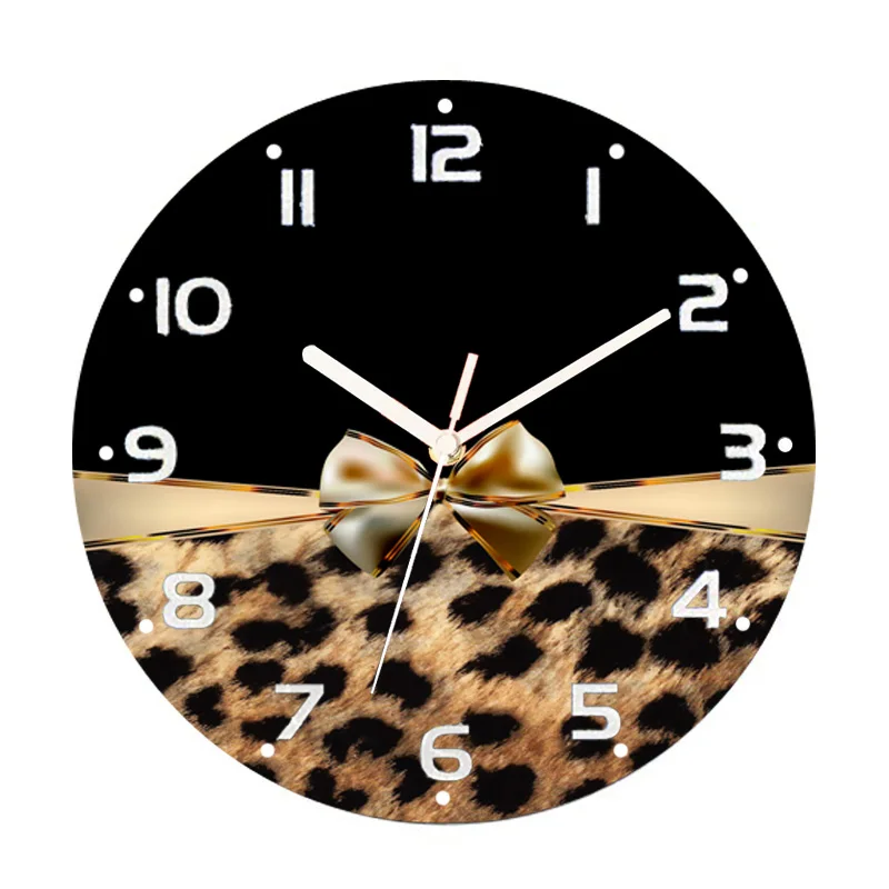 Girly Pink Ribbon Leopard Print Decorative Wall Clock for Living Room Modern Cheetah Leopard Round Wall Watch Large Home Decor