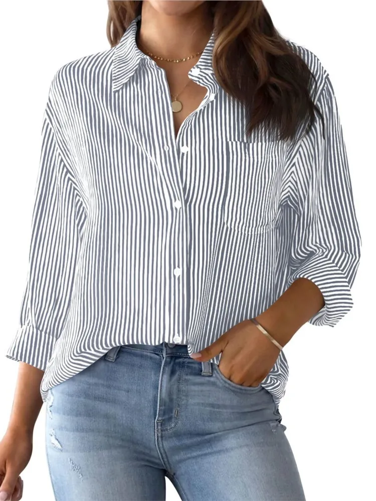 Fashion Women's Top Lapel Pocket Single Breasted Classic Striped Long Sleeve Shirt 2024 Autumn Elegant Office Women's Wear