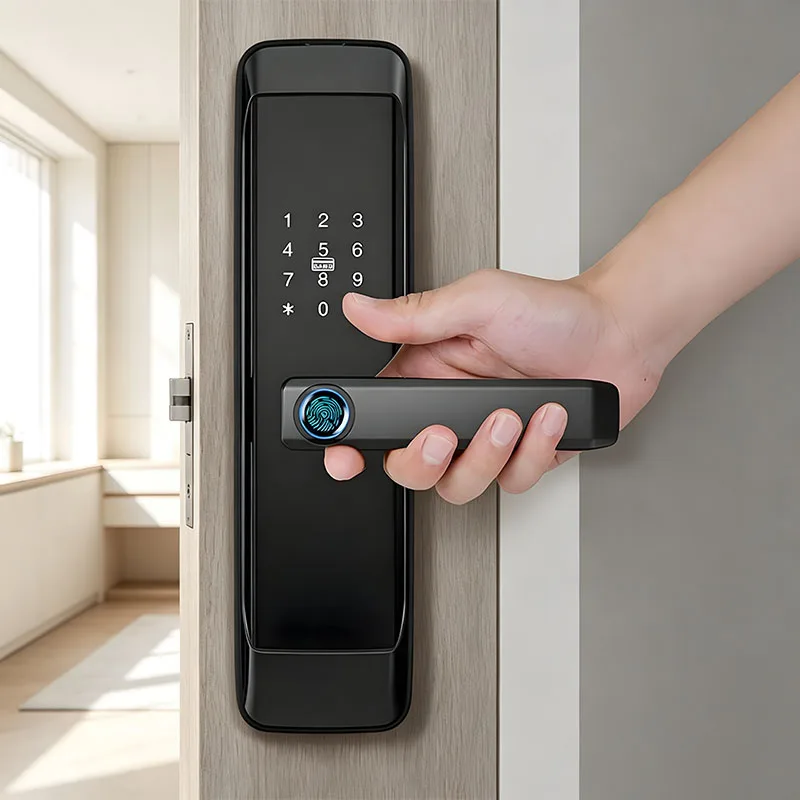 Wooden Door Handle Lock Wifi Remote Control Bluetooth Tuya App Card Password Key Electronic Smart Lock Type-C Emergency Power