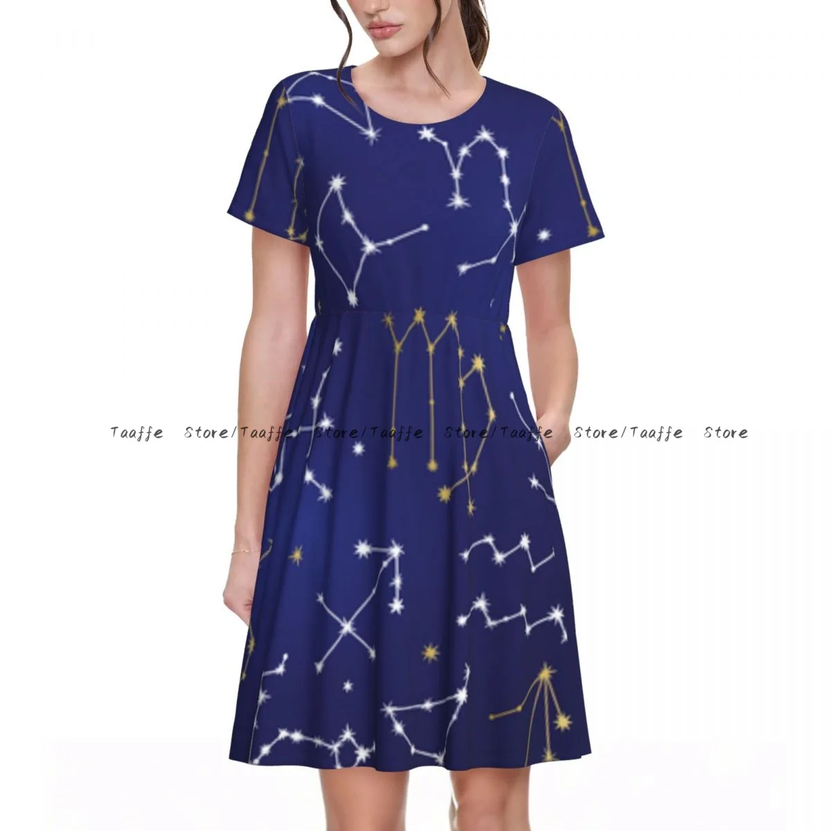 Summer Women Dress Collection Of Zodiac Sign Constellations Casual Beach Holiday Short Sleeve Round Collar Woman Midi Dress