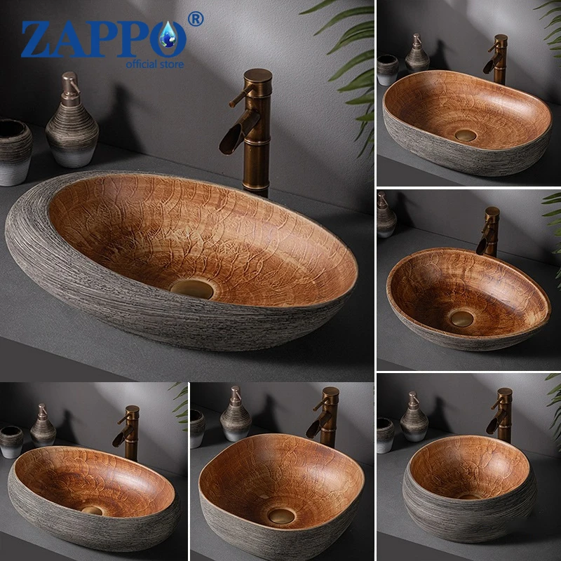 ZAPPO Vintage Artistic Vessel Sink Retro Ceramic Above Counter Basin Antique Wood-Grain Bathroom Washbasin for Home & Balcony