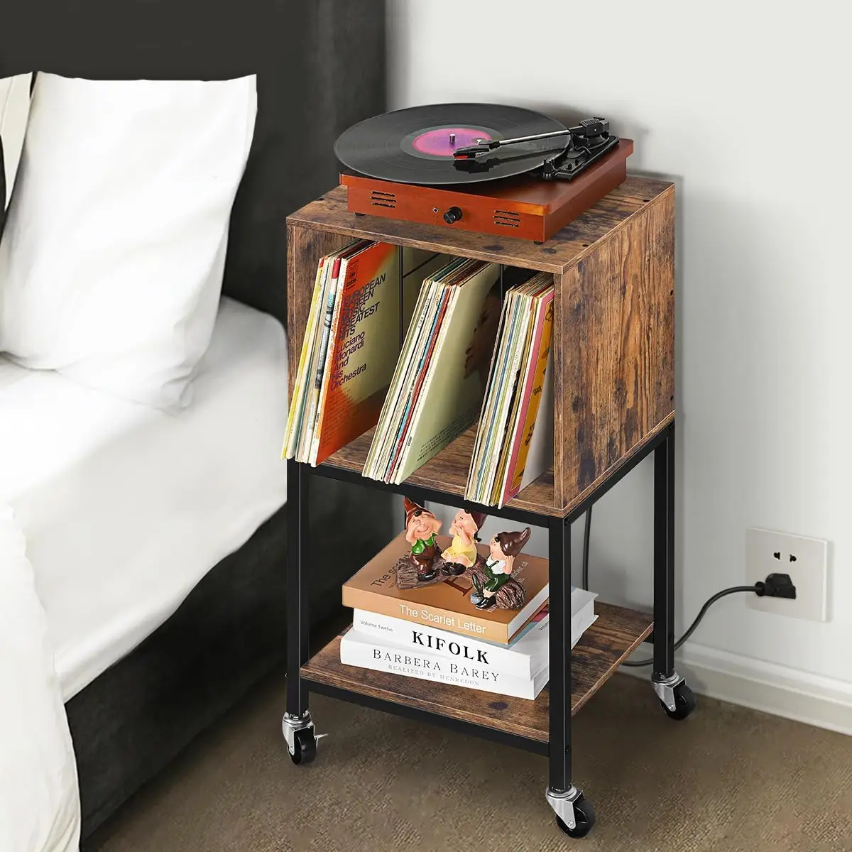 Three layer tape recorder stand with charging station, vinyl turntable stand end with USB port and socket, countryside brown