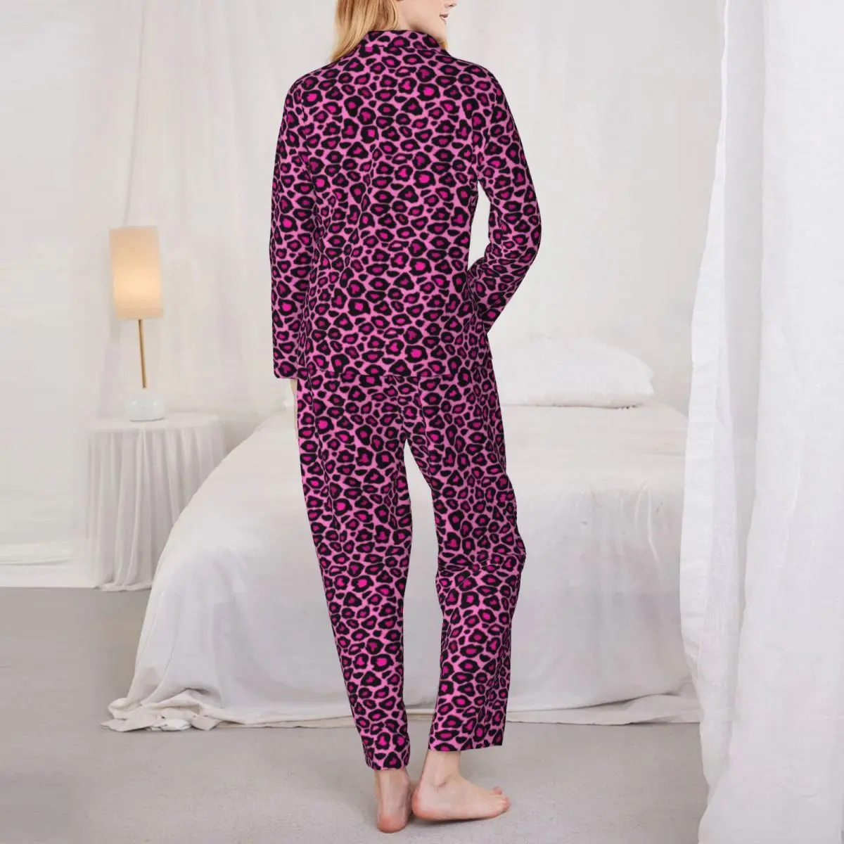 Pink Leopard Pajamas Female Animal Fur Print Warm Night Sleepwear Autumn 2 Pieces Loose Oversized Custom Pajamas Set