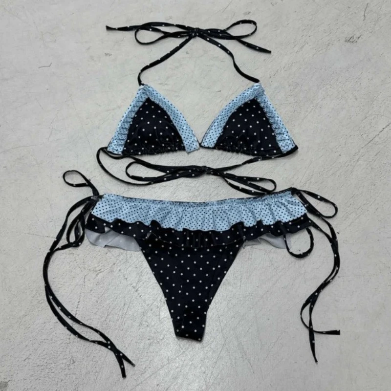 

American Resort Style Sexy Polka Dot Print Bikini 2-piece Set Thin Cup Breathable Y2k Chic Halterneck Corset Fungus Swim Trunks