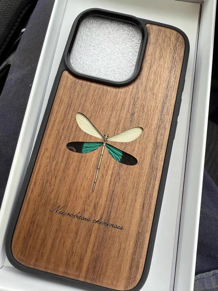 Чехол для мобильного телефона из цельного дерева с настоящим образцом стрекозы, подходит для телефонов iPhone и Android, поддерживает надпись