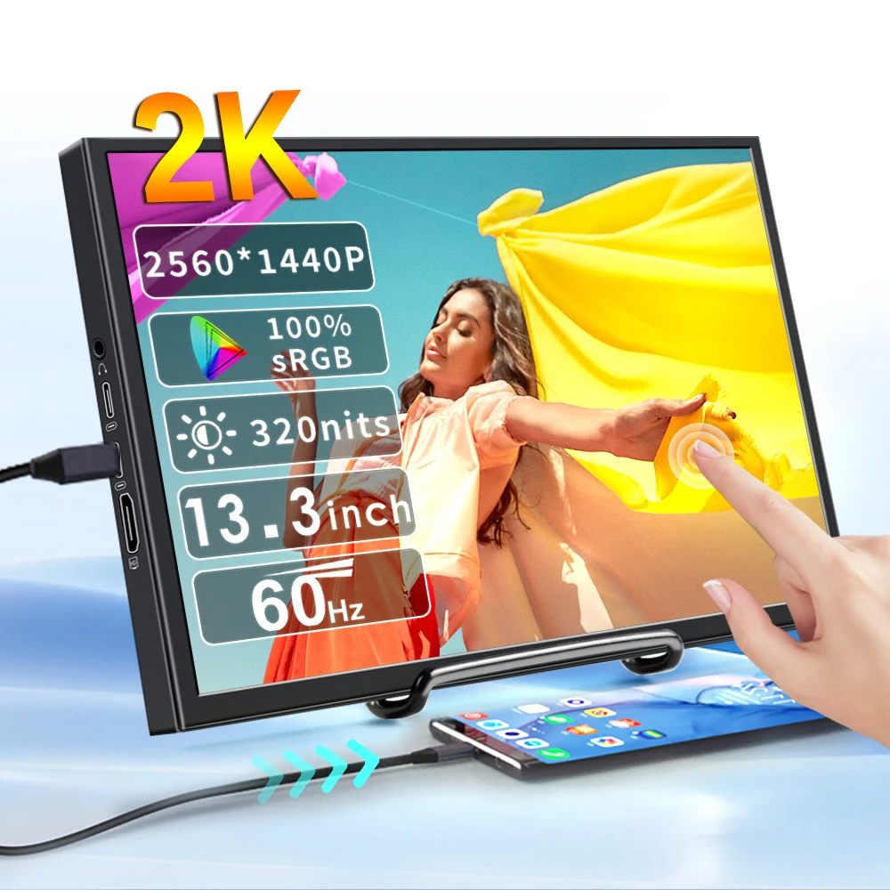 JOHNWILL 13 Inch Portable Touchscreen Monitor - 2K QHD 2560x1440, 100%sRGB, 320nits, HDMI/USB-C, Mobile Display for Laptop PC
