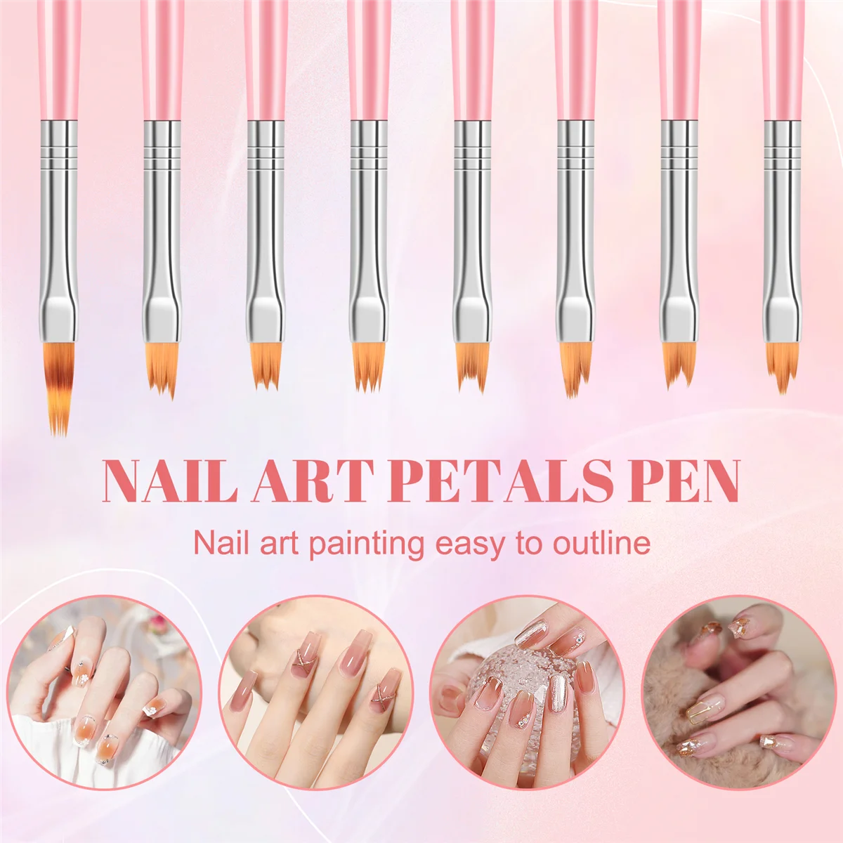 8Pcs Color Paint Pen Set Pink Petal Pen Nail Brush Short Nail Brush