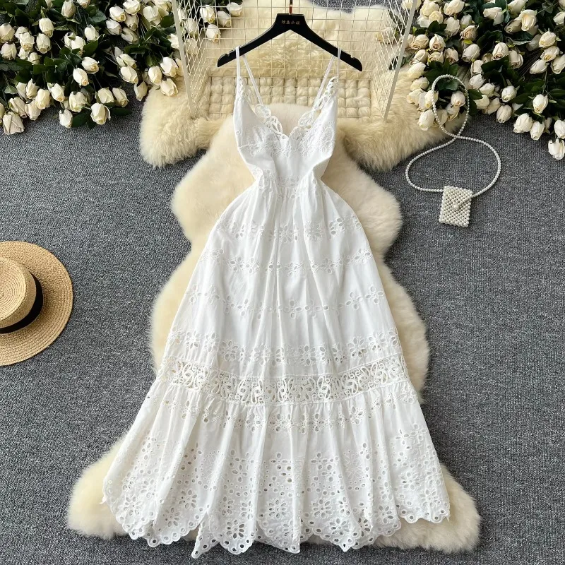 Elegant Sweet High Waist V-neck Hollow Out Embroidery Ruffle Slip Dress Vacation Slim Women Summer Party Hip Wrap Long Dresses