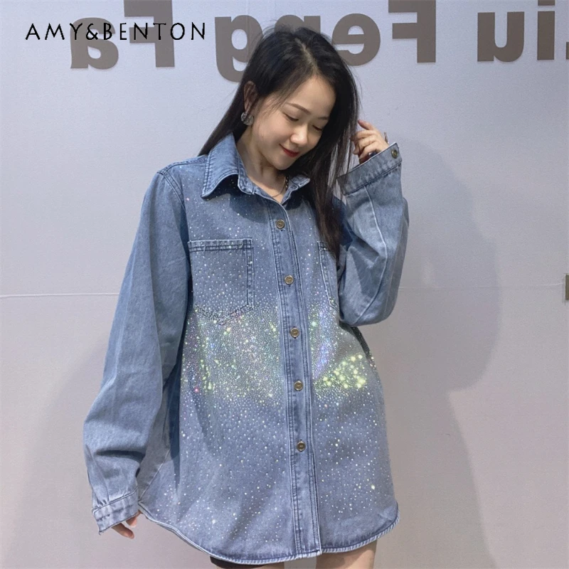 

Джинсовая блузка с длинными рукавами и блестящими стразами, женская, весна-осень, новая модная модель, однобортная, топ-блузка для женщин