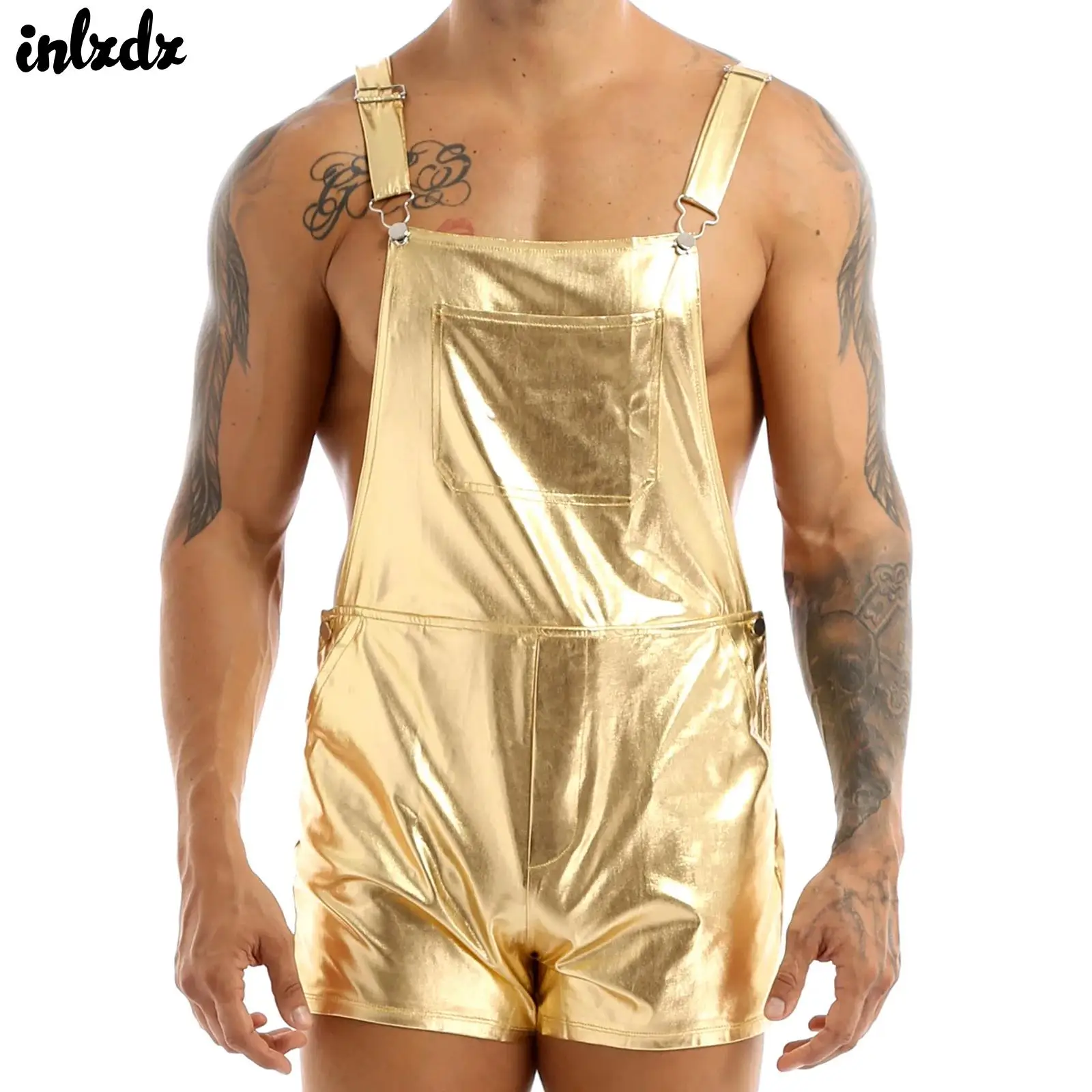 メンズ光沢メタリックビブ,サスペンダーロンパース,ショーツ,ショルダーストラップ,ジャンプスーツ,ジャズ,ヒップホップ,レオタードダンスコスチューム