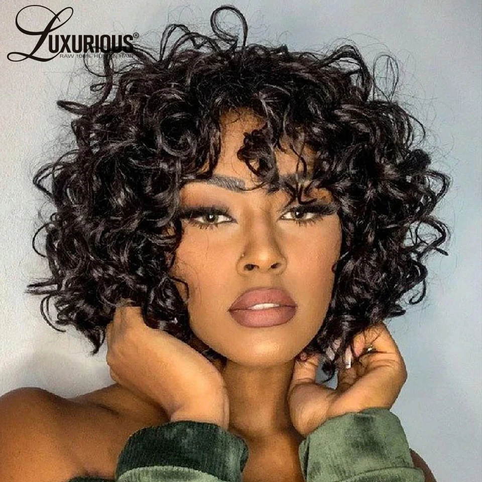 Curly Pixie Cut Short Bob Wigs Brazilian Remy Human Hair Wigs For Women Glueless HD Transparent Lace Wig With Bangs Preplucked