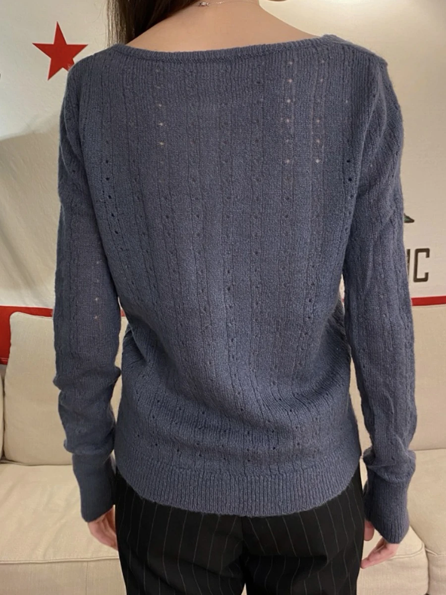 Eyelet Gray-blue Thin Cardigan T-shirt Women New Scoop Neck Button-up Tee Shirt Sweet Vintage Soft Cotton Knit Long Sleeve Tops