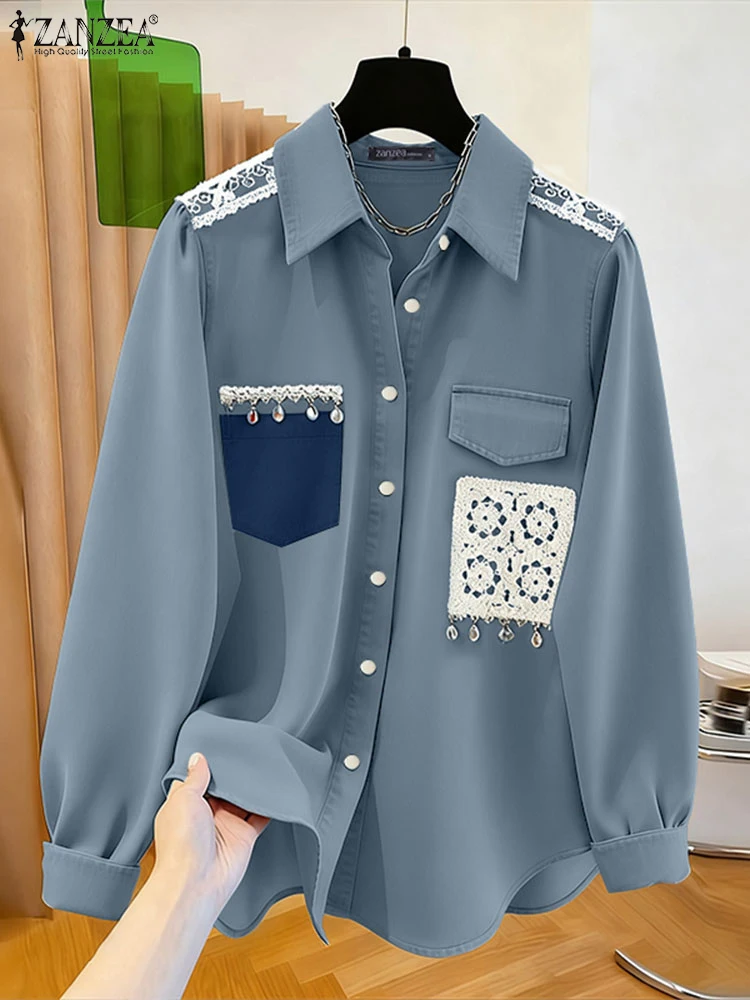 

ZANZEA, женские модные рубашки, повседневная кружевная блузка с кисточками, осень 2022, топ с длинными рукавами, винтажная туника, свободная лоскутная Blusas Femininas