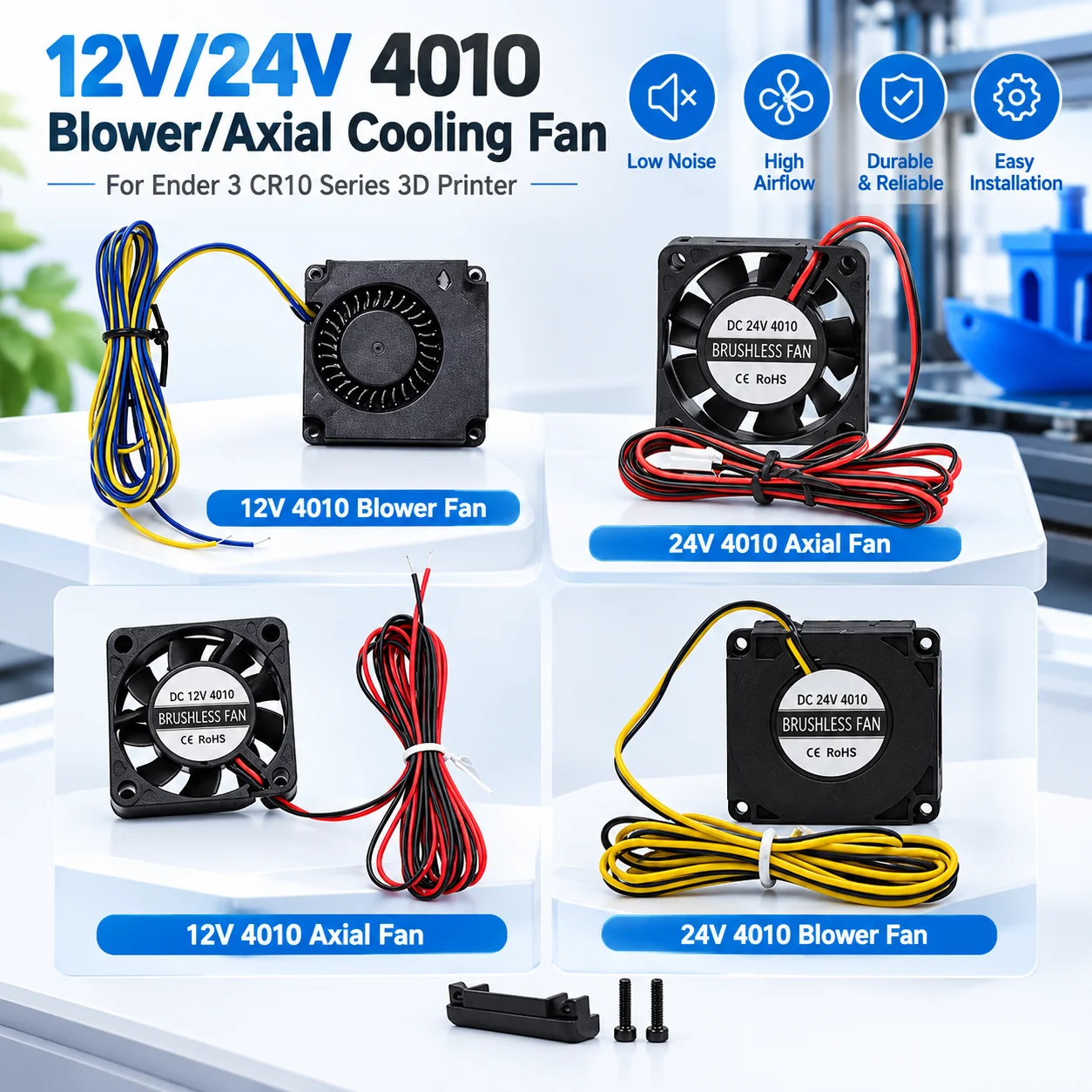 4010 12V/24V Blower&Axial Cooling Fan Kit with Air Guide for Ender 3 CR10 3D Printer 6800/7000RPM Brushless Extruder Hotend Fan